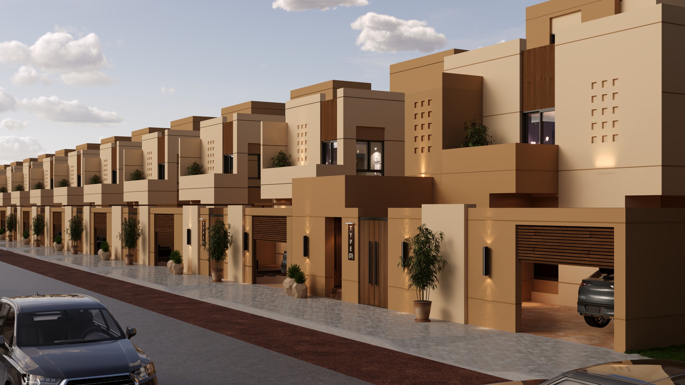 واجهات فلل كناز بألوانها الدافئة وتصميمها السعودي المعاصر